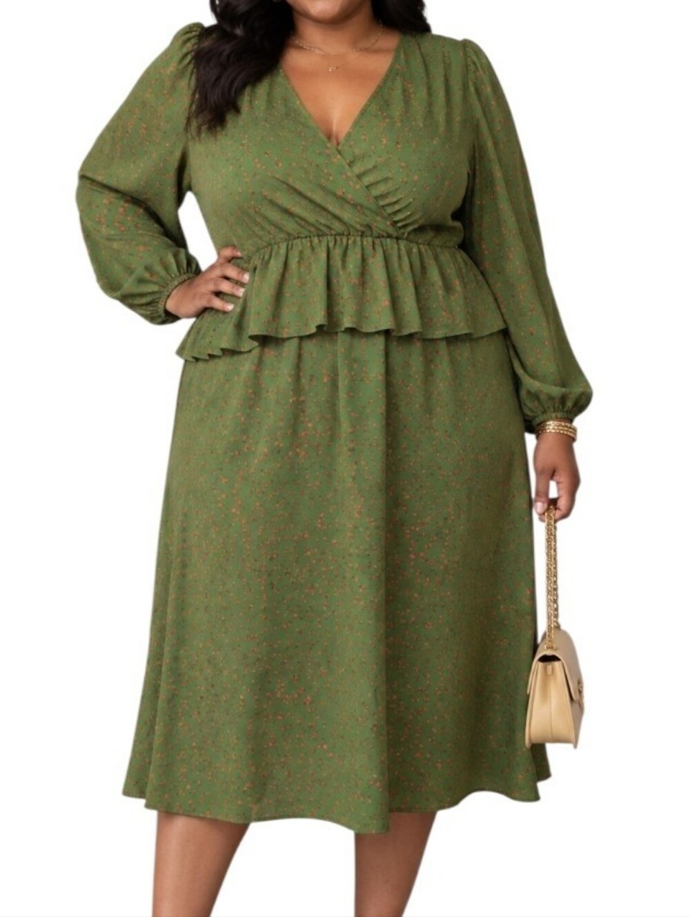 ELOQUII Elements Mixed Print Puff Sleeve, Midi Dress with Peplum Women's Plus